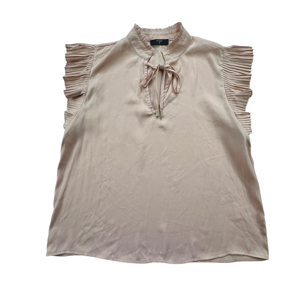 Tahari Blush Pink Tie Neck Blouse Womens Small Pleated Ruffle Sleeveless Top